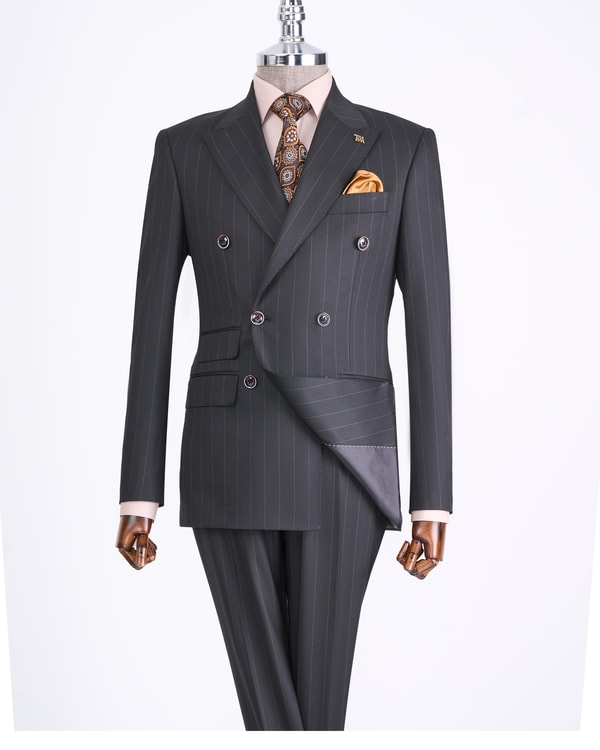 İtalyan stil slim fit çizgili kruvaze ceket pantolon takım elbise siyah T13191