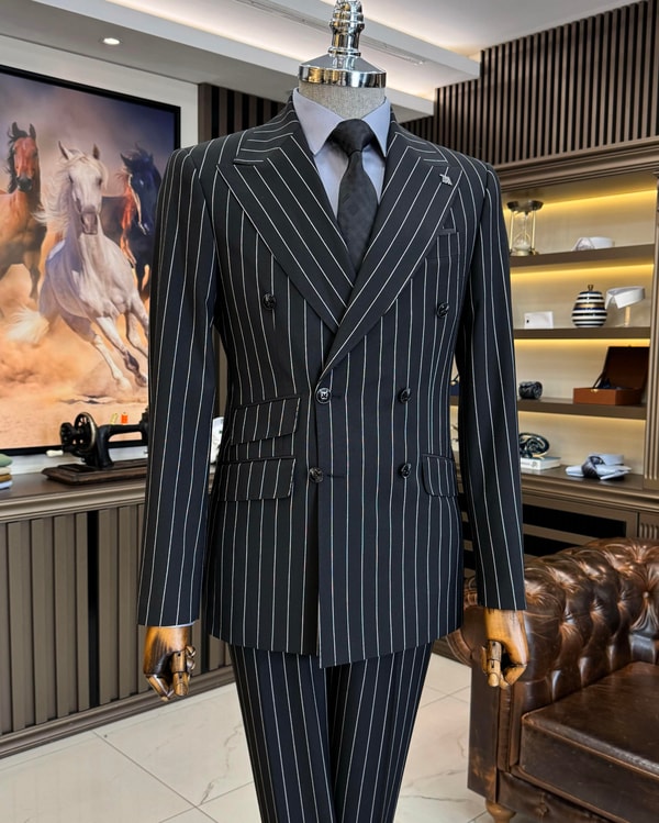 İtalyan stil slim fit çizgili kruvaze ceket pantolon takım elbise siyah T11933