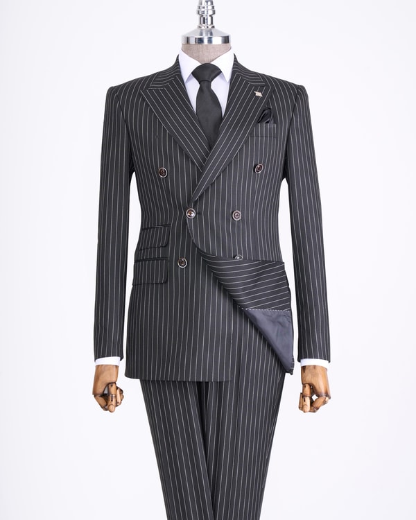 İtalyan stil slim fit çizgili kruvaze ceket pantolon takım elbise siyah T13059