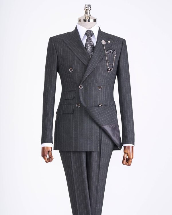 İtalyan stil slim fit çizgili kruvaze ceket pantolon takım elbise antrasit T13196