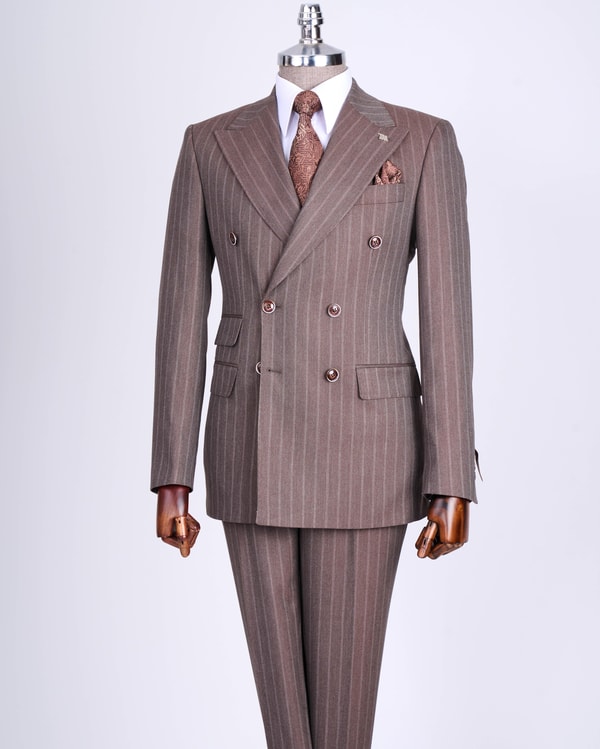 İtalyan stil slim fit çizgili kruvaze ceket pantolon takım elbise kahverengi T13493