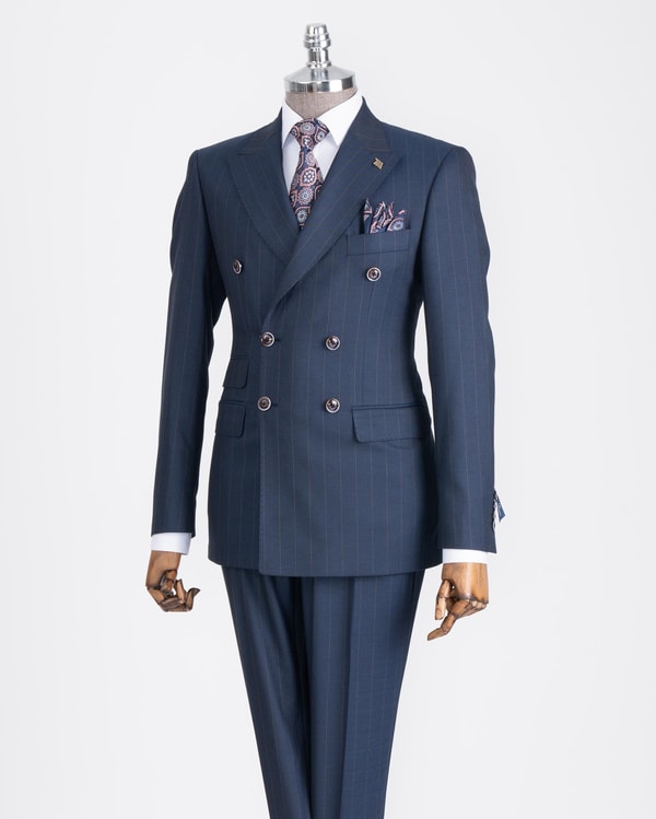 İtalyan stil slim fit çizgili kruvaze ceket pantolon takım elbise lacivert T13193