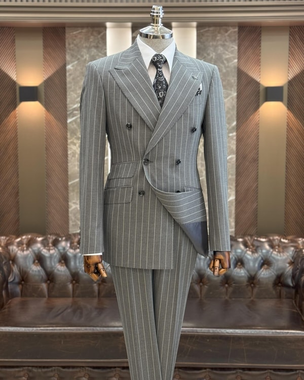 İtalyan stil slim fit çizgili kruvaze ceket pantolon takım elbise gri T11940