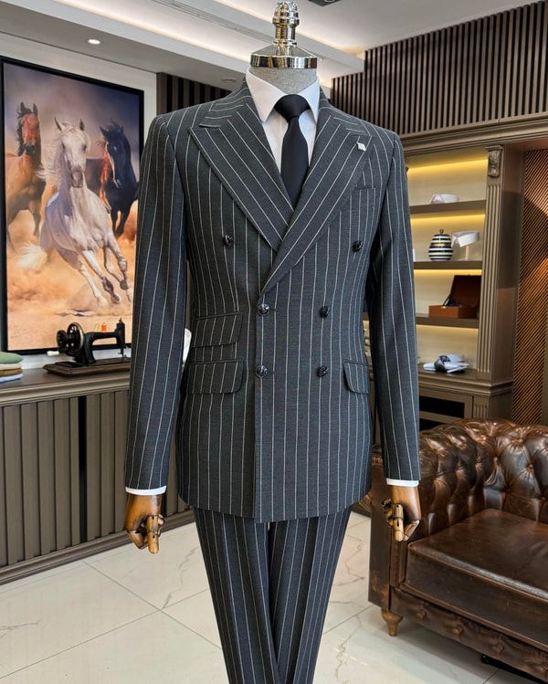 İtalyan stil slim fit çizgili kruvaze ceket pantolon takım elbise antrasit T11934