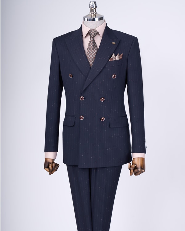 İtalyan stil slim fit çizgili kruvaze ceket pantolon takım elbise lacivert T9501