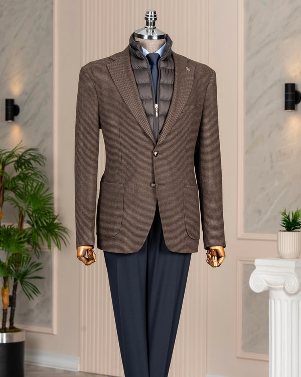 İtalyan stil slim fit desenli kapitone çıkma yaka torba cep ceket kahve T15124