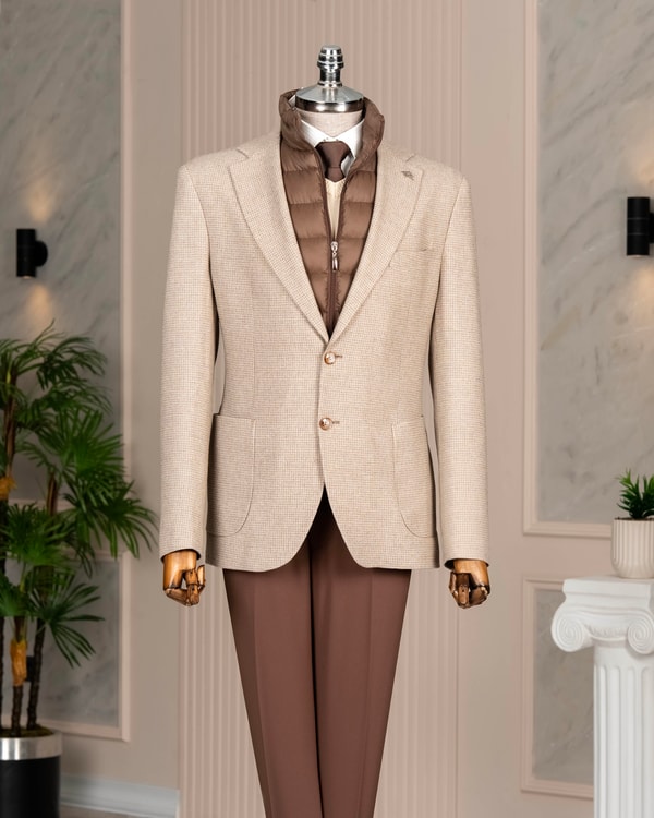 İtalyan stil slim fit desenli kapitone çıkma yaka torba cep ceket bej T15123