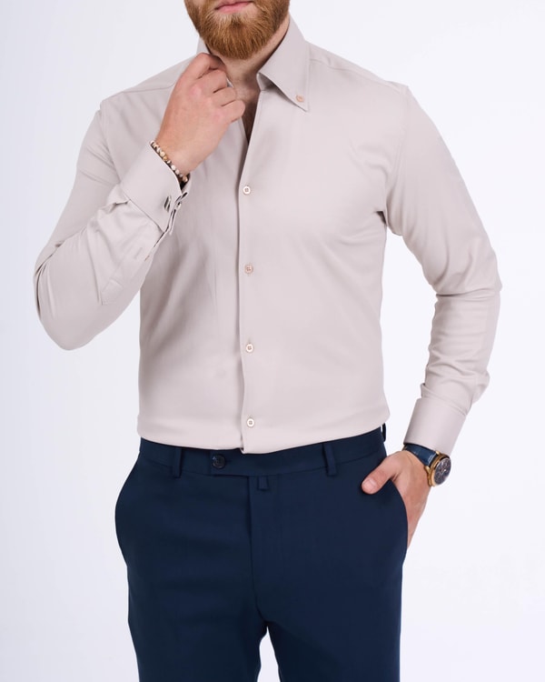 İtalyan stil slim fit dik yaka duble manşet erkek gömlek bej T13308