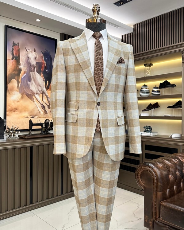 İtalyan stil slim fit ekose ceket pantolon takım elbise camel T10233