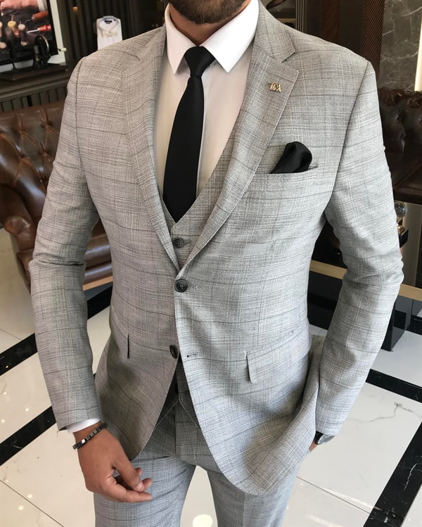 İtalyan stil slim fit ekose ceket yelek pantolon takım elbise gri T9776