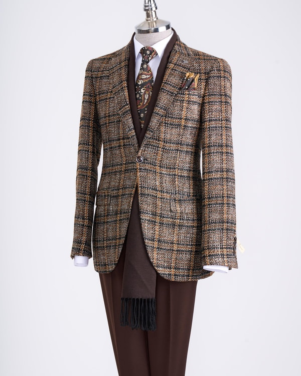 İtalyan stil slim fit ekose erkek tek ceket siyah T13351