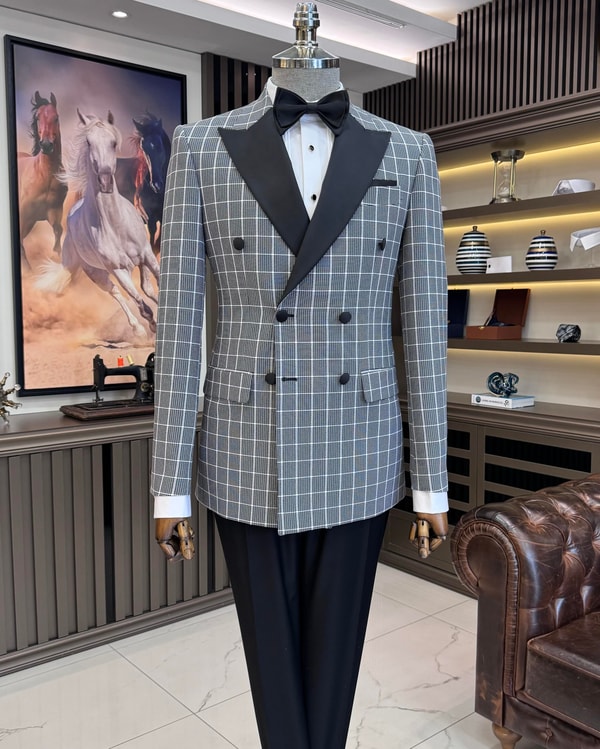 İtalyan stil slim fit ekose kruvaze ceket pantolon damatlık set siyah T11572