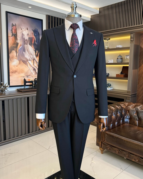 İtalyan stil slim fit erkek armürlü ceket yelek pantolon takım elbise siyah T11566