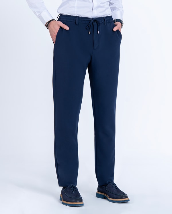 İtalyan stil slim fit erkek beli bağcıklı pantalon lacivert T14555