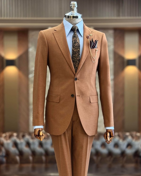 İtalyan stil slim fit erkek ceket pantolon takım elbise kahverengi  T12711
