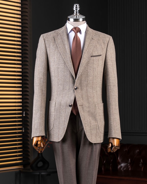 İtalyan stil slim fit erkek ceket pantolon takım elbise bej T14655