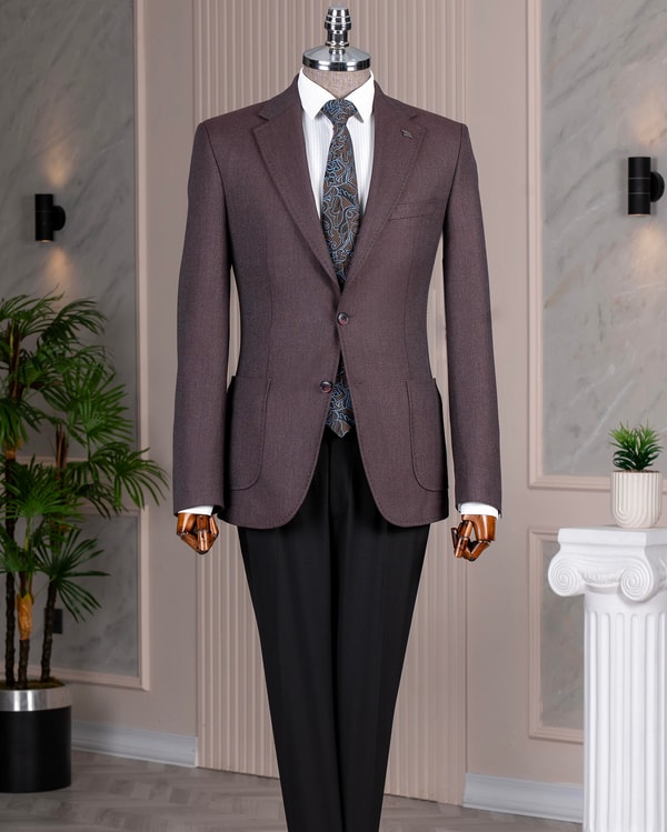 İtalyan stil slim fit erkek ceket pantolon kombin takım elbise bordo T14671