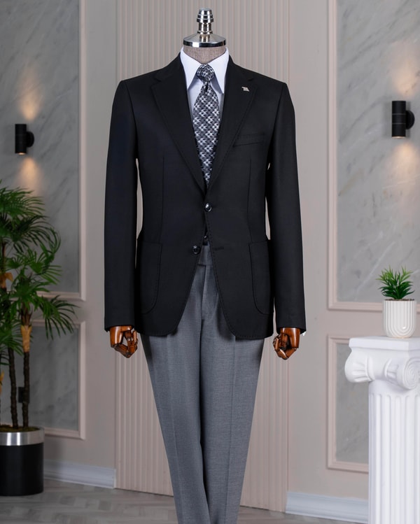 İtalyan stil slim fit erkek ceket pantolon kombin takım elbise siyah T14670