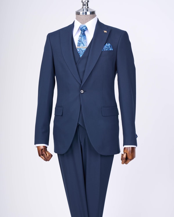İtalyan stil slim fit erkek ceket yelek pantolon takım elbise lacivert T13466