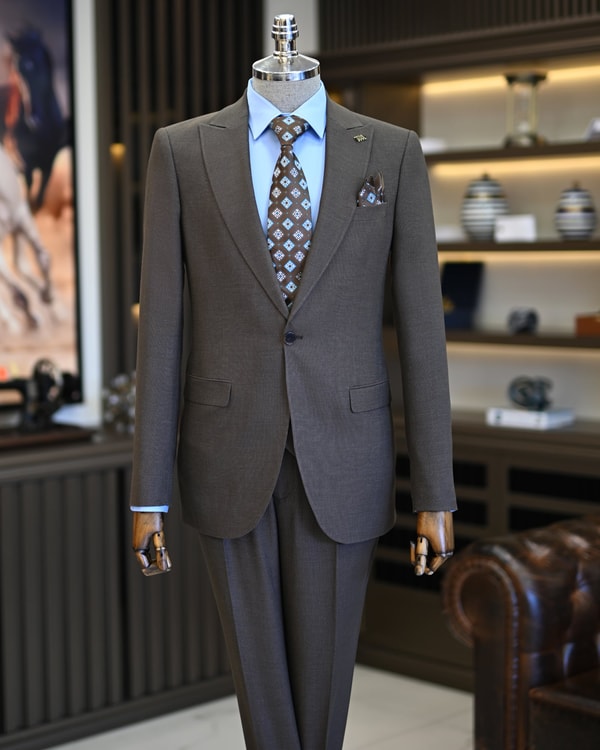 İtalyan stil slim fit erkek ceket yelek pantolon takım elbise kahverengi T11021