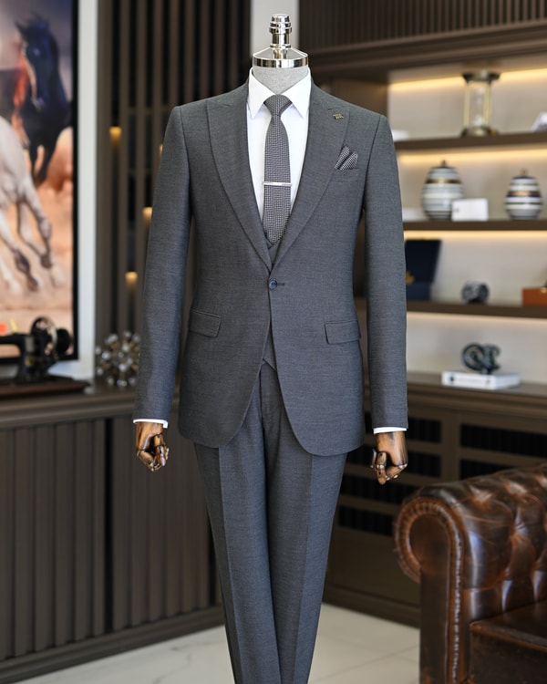 İtalyan stil slim fit erkek ceket yelek pantolon takım elbise gri T11025