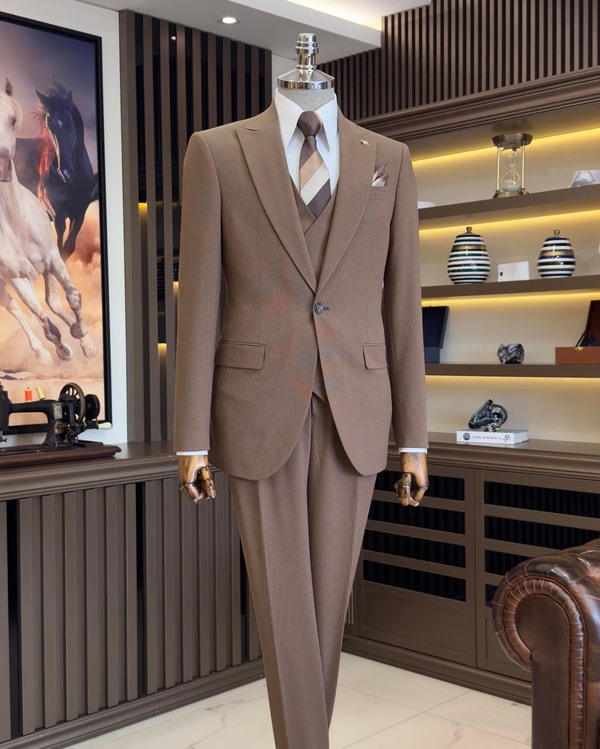 İtalyan stil slim fit erkek ceket yelek pantolon takım elbise kahverengi T11552