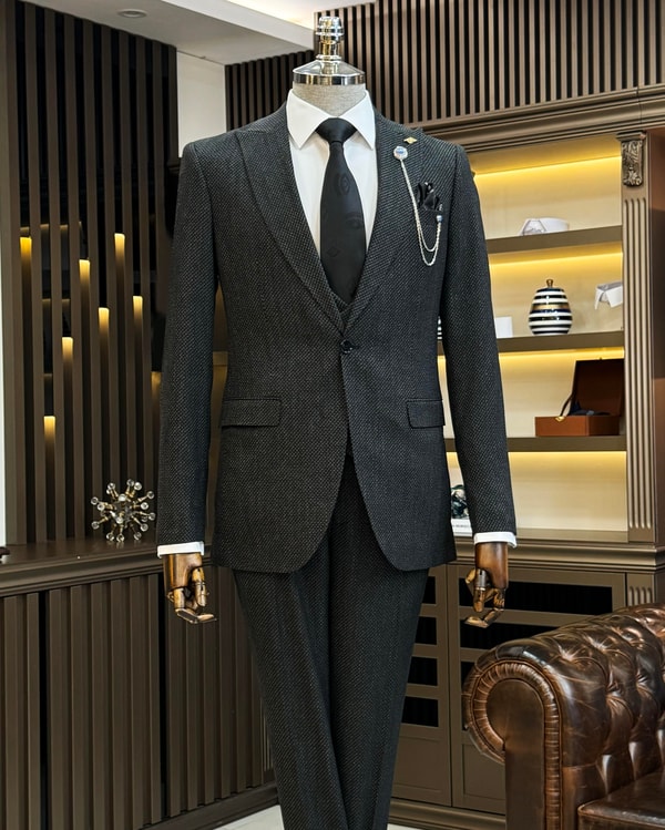 İtalyan stil slim fit erkek ceket yelek pantolon takım elbise siyah T11027