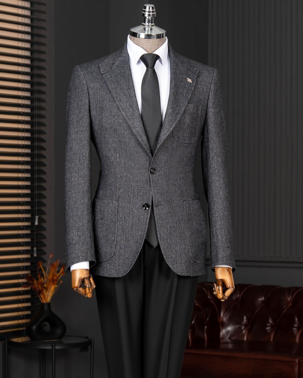 İtalyan stil slim fit erkek ceket yelek pantolon kombin takım elbise siyah T14679