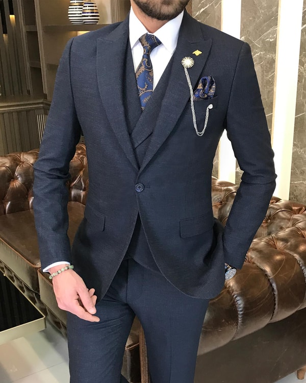 İtalyan stil slim fit erkek ceket yelek pantolon takım elbise lacivert T9118