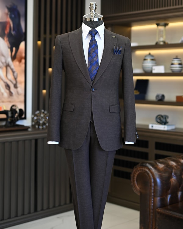 İtalyan stil slim fit erkek ceket yelek pantolon takım elbise kahverengi T11022