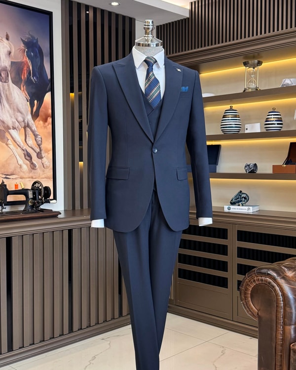 İtalyan stil slim fit erkek ceket yelek pantolon takım elbise lacivert T11685