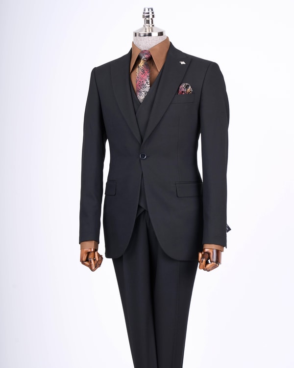 İtalyan stil slim fit erkek ceket yelek pantolon takım elbise siyah T13465