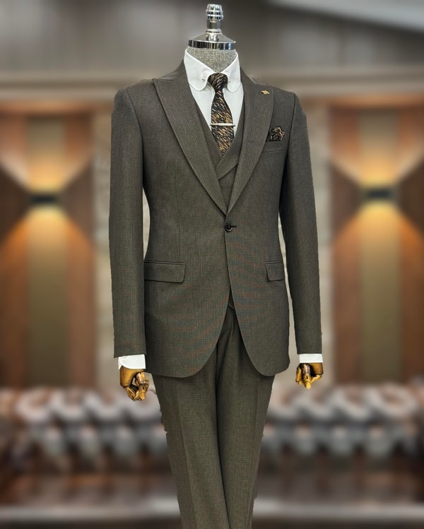 İtalyan stil slim fit erkek ceket yelek pantolon takım elbise Kahverengi T10786