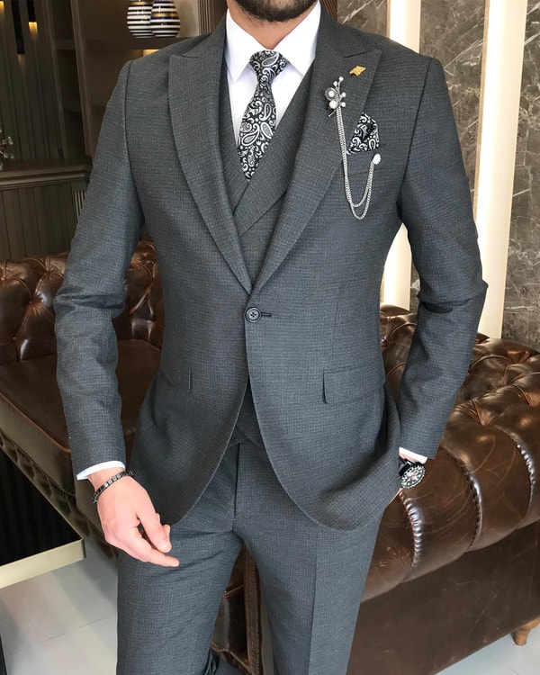 İtalyan stil slim fit erkek ceket yelek pantolon takım elbise antrasit T9126