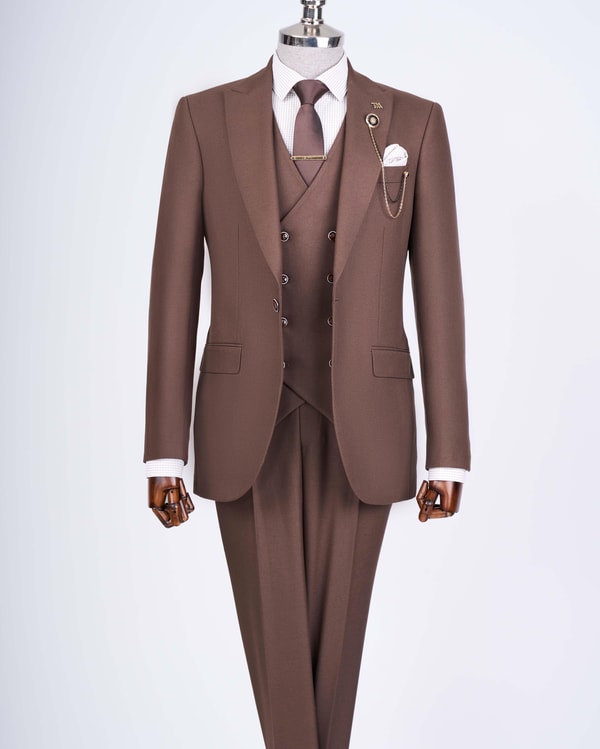 İtalyan stil slim fit erkek ceket yelek pantolon takım elbise kahverengi T13463