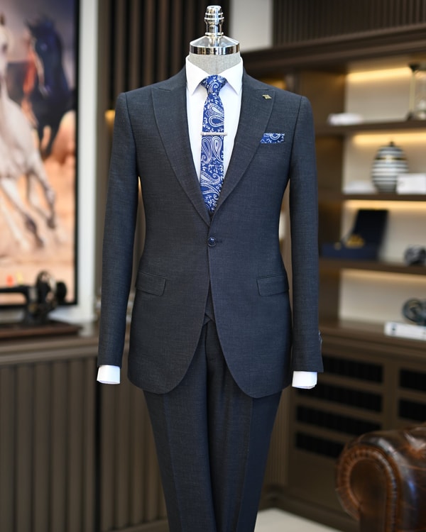 İtalyan stil slim fit erkek ceket yelek pantolon takım elbise lacivert T11023