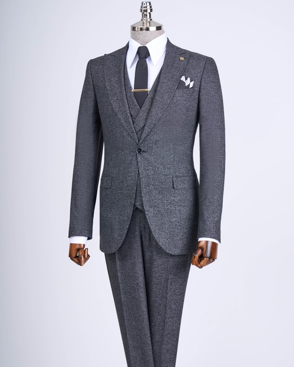 İtalyan stil slim fit erkek ceket yelek pantolon takım elbise siyah T9122