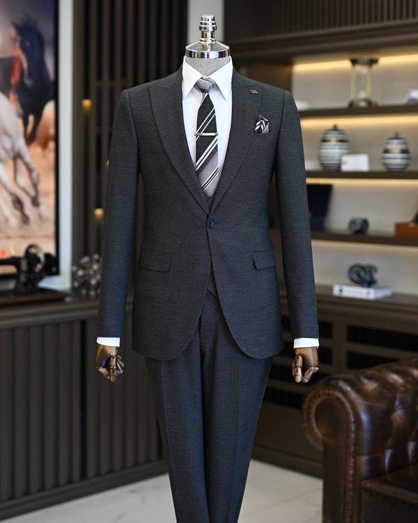 İtalyan stil slim fit erkek ceket yelek pantolon takım elbise antrasit T11024