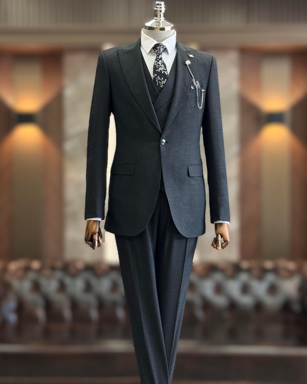 İtalyan stil slim fit erkek ceket yelek pantolon takım elbise antrasit T10783