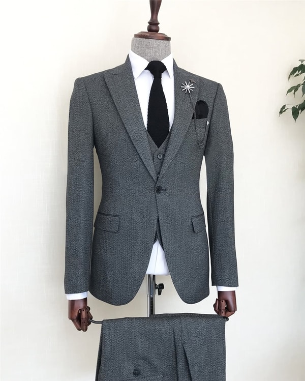 İtalyan stil slim fit erkek ceket yelek pantolon takım elbise Siyah T8429