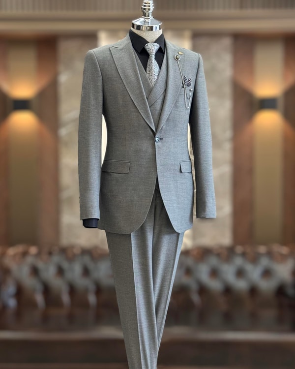İtalyan stil slim fit erkek ceket yelek pantolon takım elbise Gri T10785