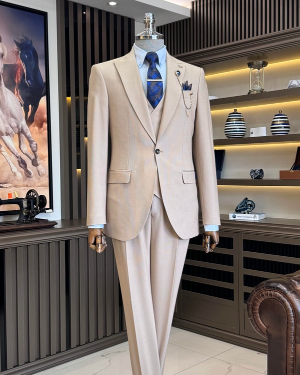 İtalyan stil slim fit erkek ceket yelek pantolon takım elbise camel T11553