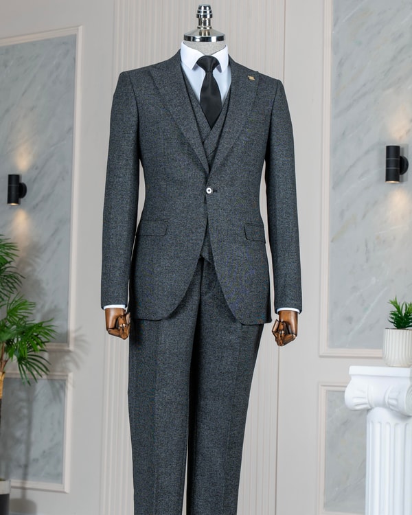 İtalyan stil slim fit erkek ceket yelek pantolon takım elbise siyah T11020