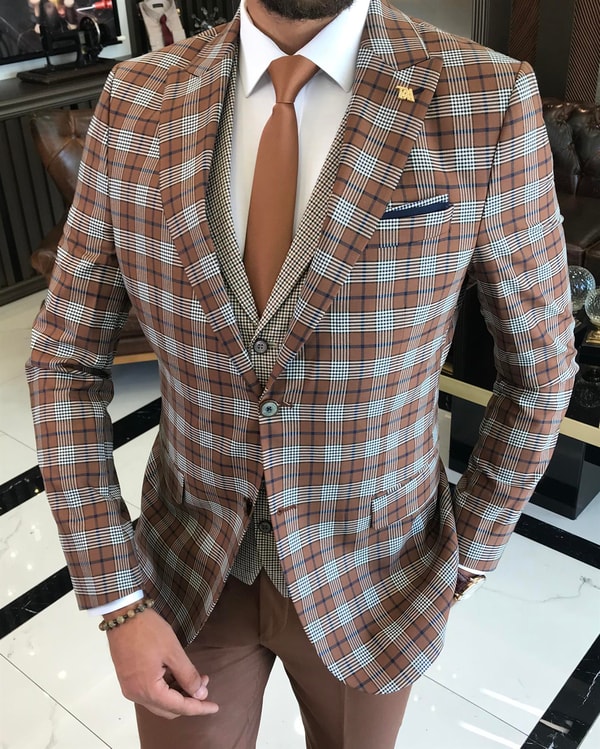 İtalyan stil slim fit erkek ekose ceket yelek pantolon takım elbise Kahverengi T8176