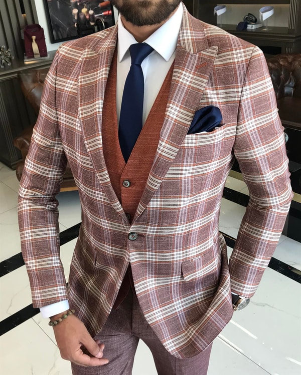 İtalyan stil slim fit erkek ekose kombin ceket yelek pantolon takım elbise bordo T9826
