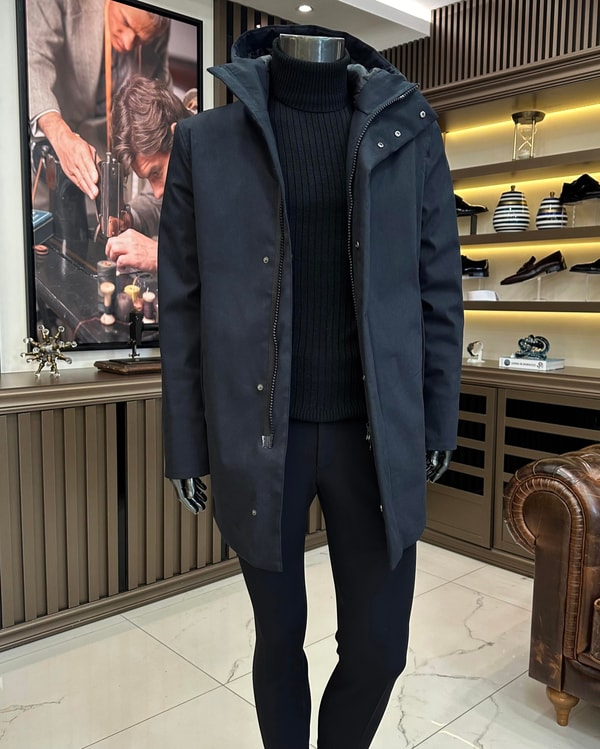 İtalyan stil slim fit erkek kapüşonlü uzun mont siyah T10678