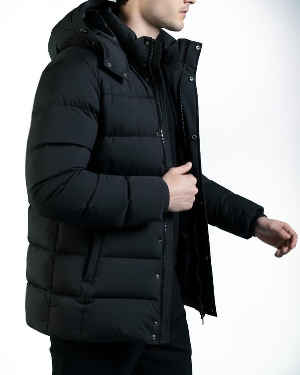 İtalyan stil slim fit erkek kapüşonlu şişme mont siyah T14984