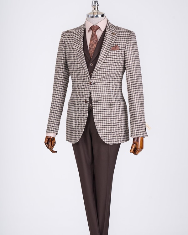 İtalyan stil slim fit erkek kombin ceket yelek pantolon takım elbise kahverengi T13077