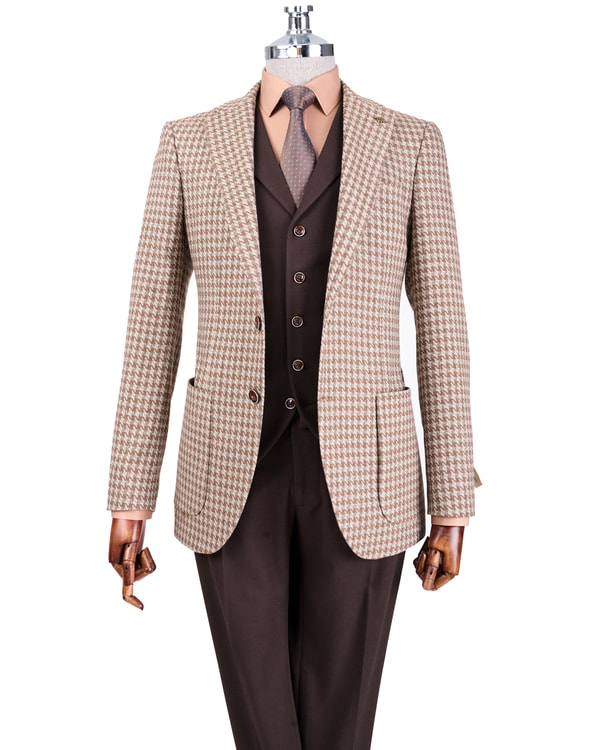 İtalyan stil slim fit erkek kombin ceket yelek pantolon takım elbise bej T13078