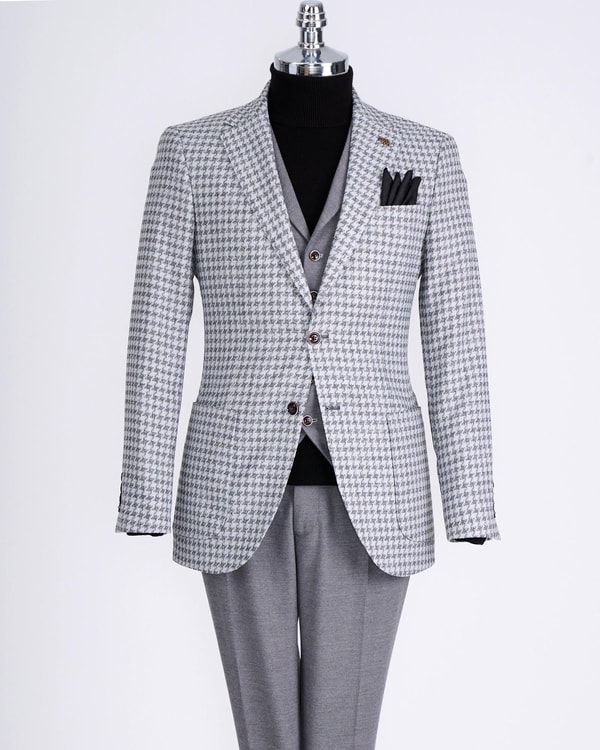 İtalyan stil slim fit erkek kombin ceket yelek pantolon takım elbise gri T13075